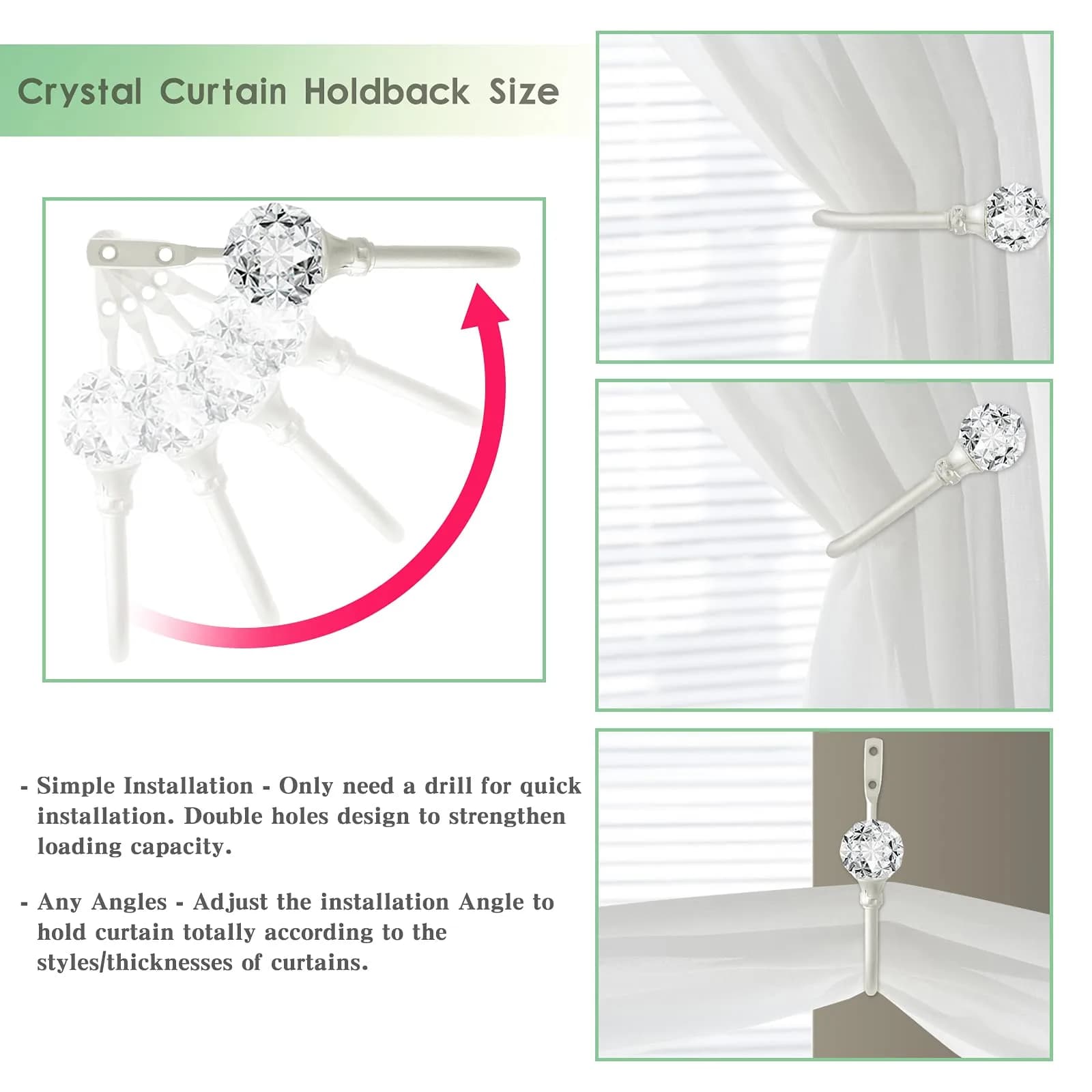 KOLAKO Silver Crystal Ball Curtain Holdbacks, U Shaped Wall Mounted Drapery Hooks - 6 Pack - view 3