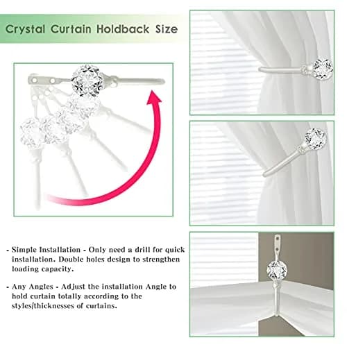 KOLAKO Crystal Curtain Holdbacks, 6 Pack Silver Metal Drapery Tiebacks with Clear Crystal Ball | U-Shaped Wall Mounted Hooks for Drapes thumbnail 3