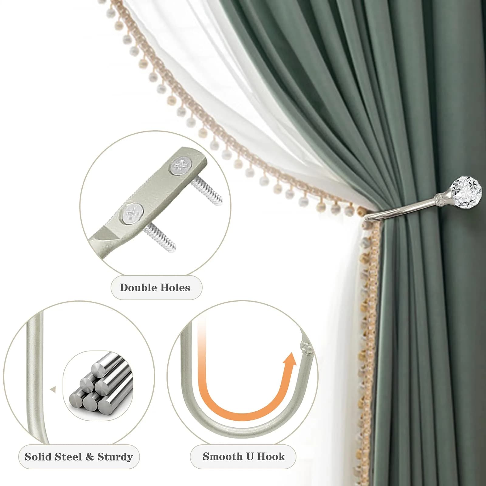 KOLAKO Silver Crystal Ball Curtain Holdbacks, U Shaped Wall Mounted Drapery Hooks - 6 Pack - view 4
