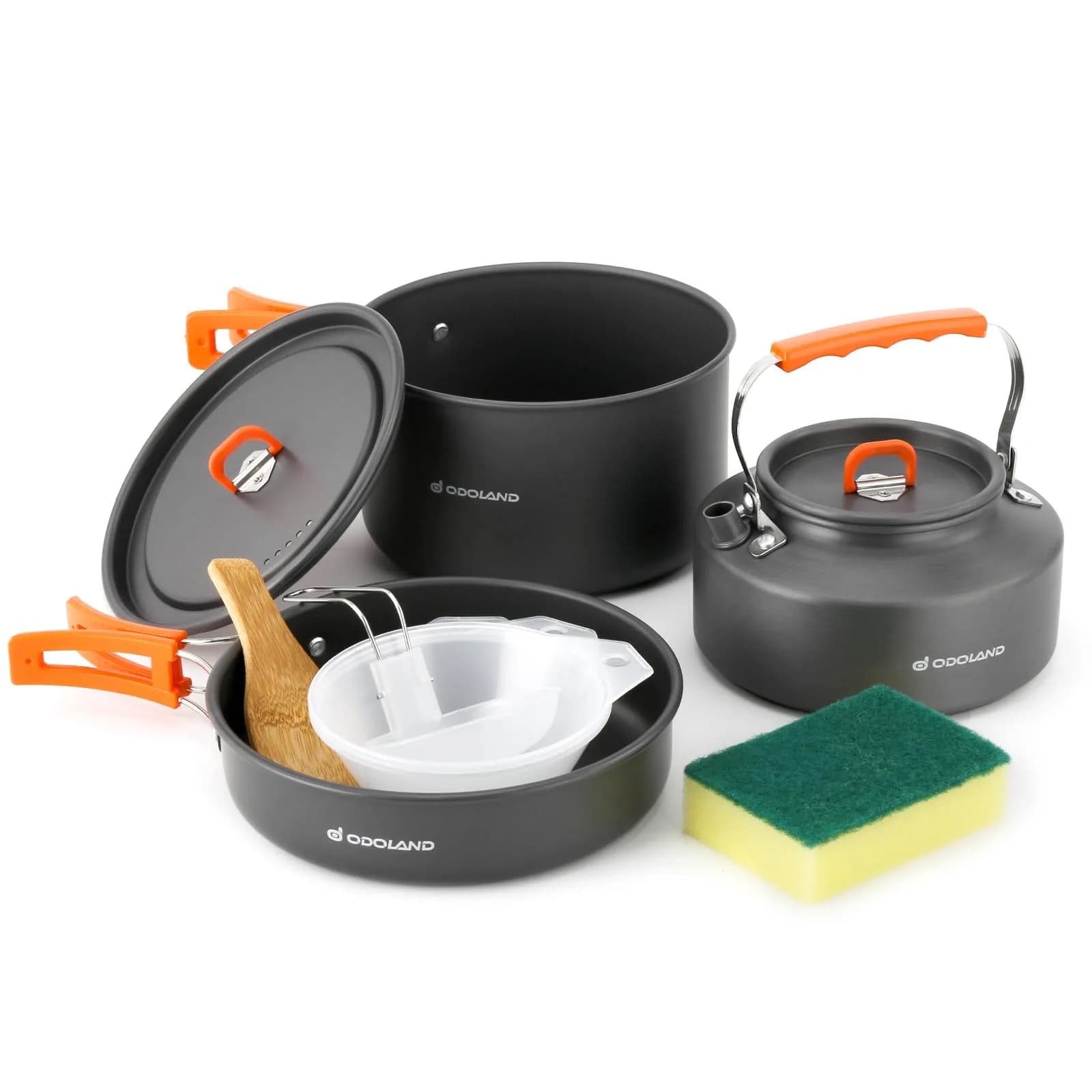 Odoland Camping Cookware Set 10pcs | Lightweight Aluminum Pots & Pans for Outdoor Cooking — 2.9L Pot + 0.9L Fry Pan + 1.6L Kettle