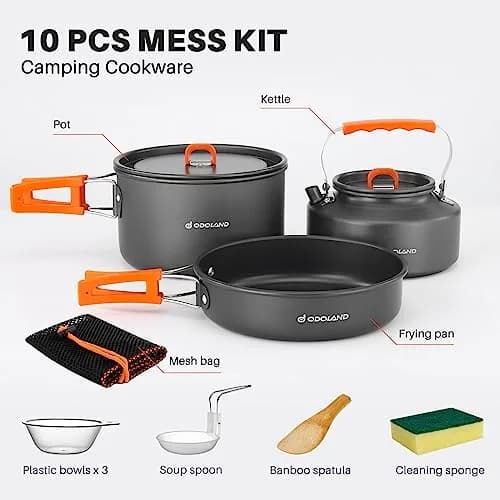 Odoland Camping Cookware Set 10pcs | Lightweight Aluminum Pots & Pans for Outdoor Cooking thumbnail 3