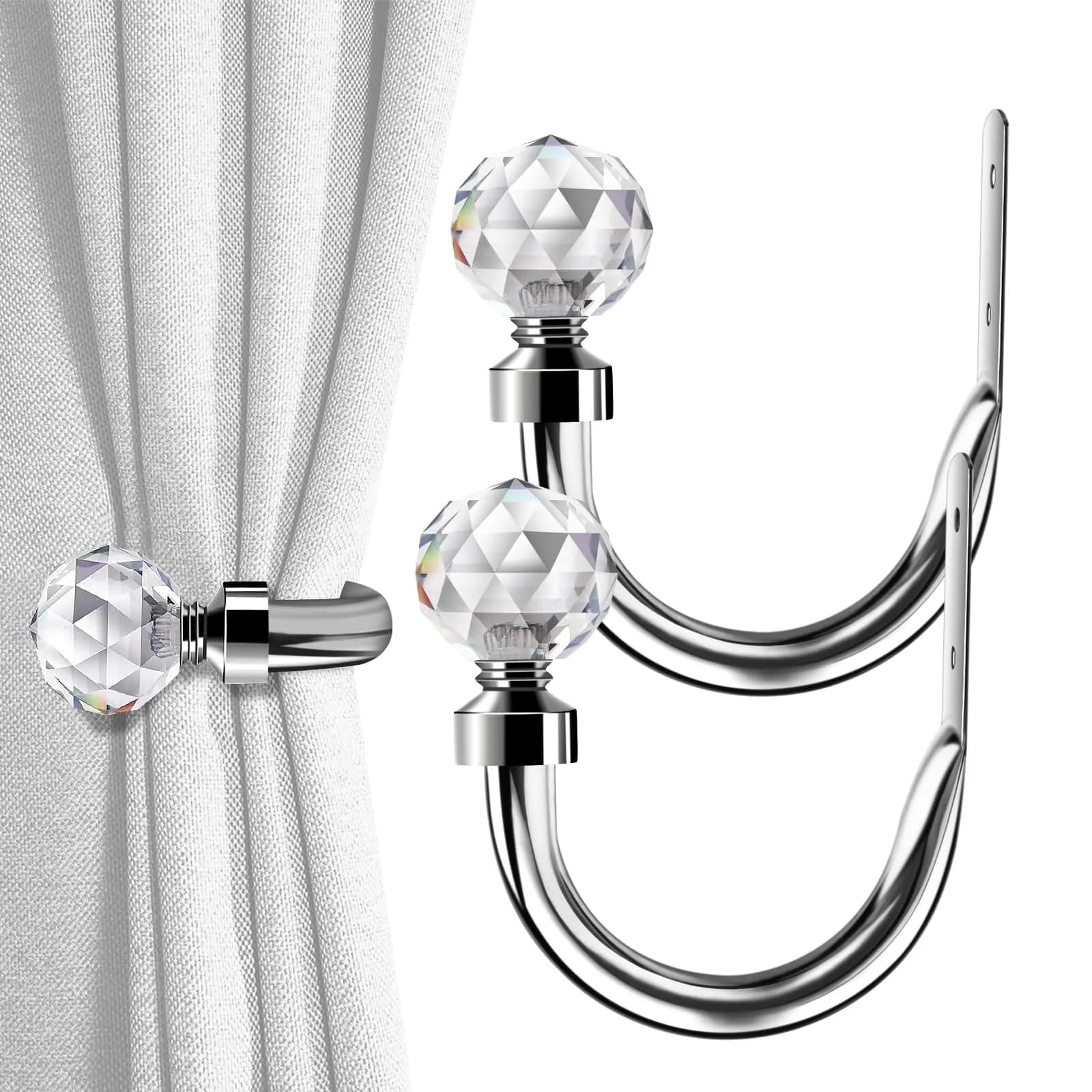 HIKMLK Curtain Holdbacks 2pcs | Solid Cast Iron Heavy Duty Wall Hooks (Satin Nickel) — Diamond Ball