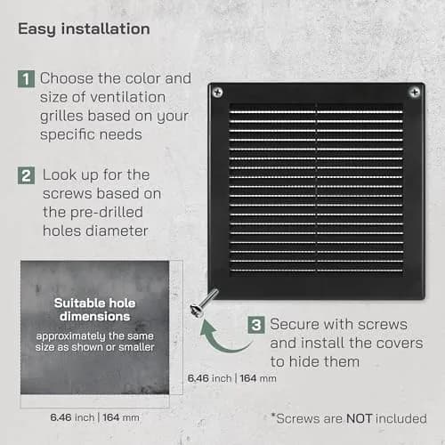 Vent Systems 6" x 6" Black Plastic Soffit Vent Cover | Durable Square Air Vent with Mesh Screen (70-120c) thumbnail 4