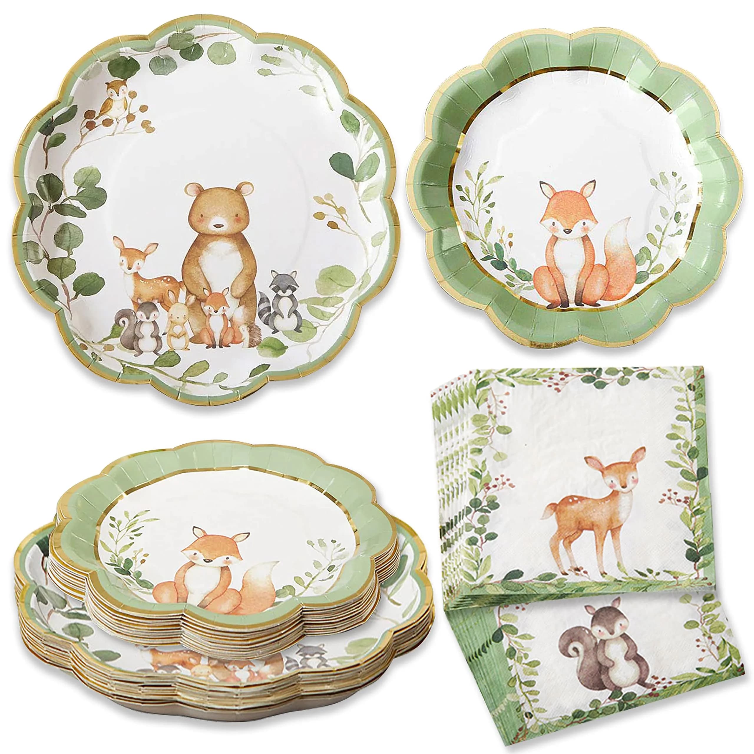 Kate Aspen Woodland Baby Shower Decorations, 62-Piece Disposable Paper Plates & Napkins for 16 Guests | Woodland Animals Theme - main product image