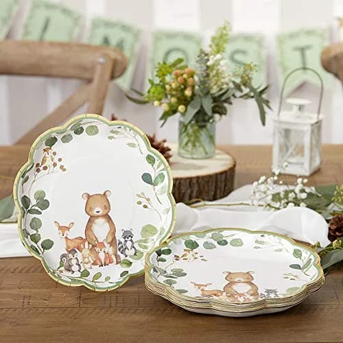 Kate Aspen Woodland Baby Shower Decorations, 62-Piece Disposable Paper Plates & Napkins for 16 Guests | Woodland Animals Theme thumbnail 4