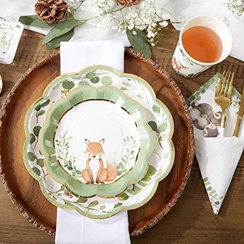 Kate Aspen Woodland Baby Shower Decorations, 62-Piece Disposable Paper Plates & Napkins for 16 Guests | Woodland Animals Theme thumbnail 7