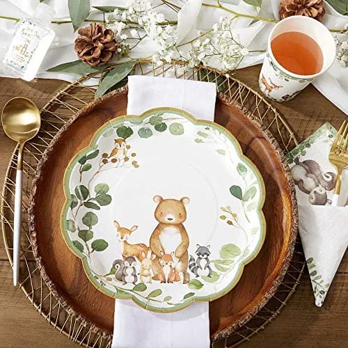 Kate Aspen Woodland Baby Shower Decorations, 62-Piece Disposable Paper Plates & Napkins for 16 Guests | Woodland Animals Theme thumbnail 3
