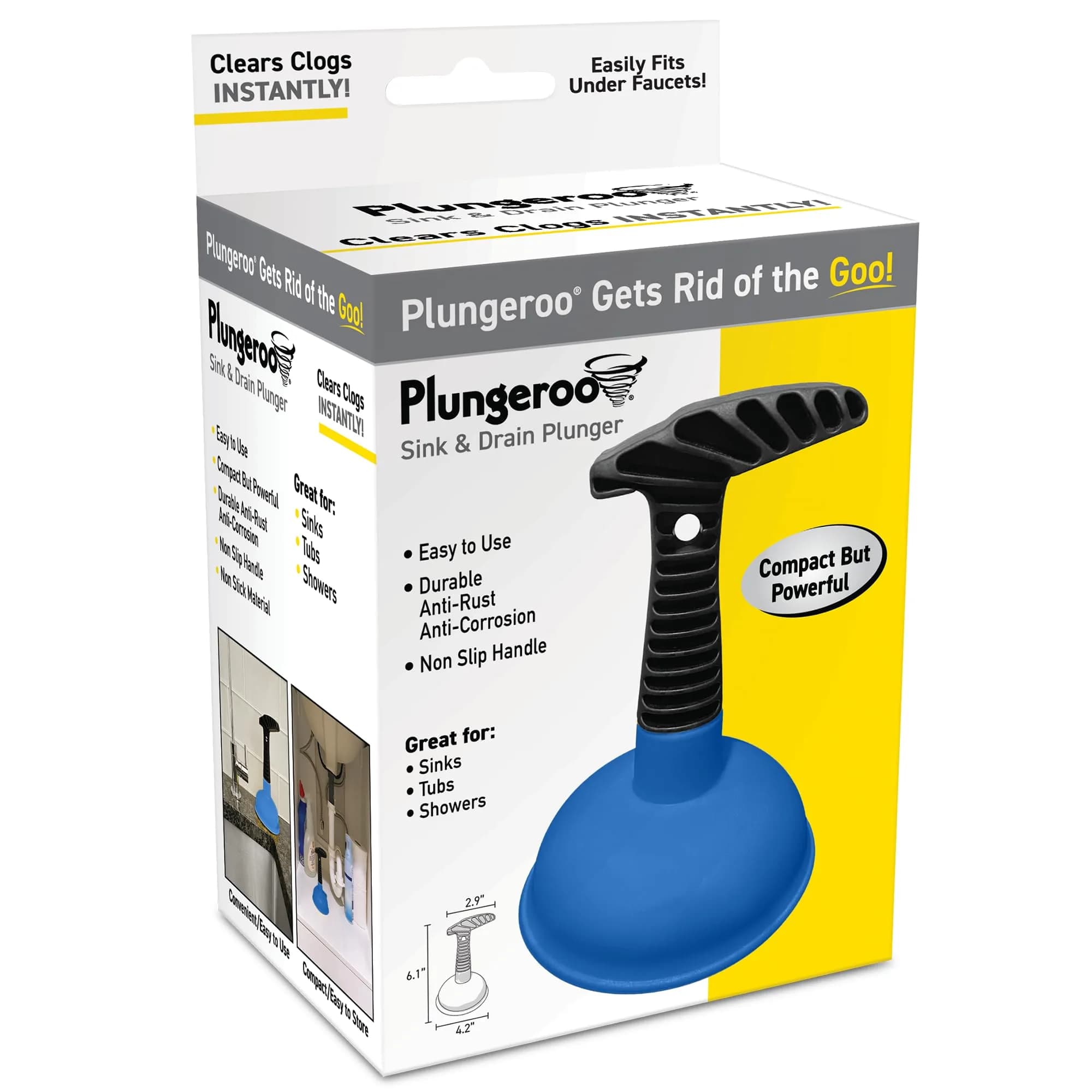 Plungeroo Sink Plunger Blue | Compact Unclogging Tool for Bathroom Drains (6.1 x 4.2 x 2.9 Inch) — Blue