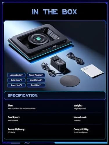 llano V12 Gaming Laptop Cooling Pad with RGB 15.6-19 inch | 5.5-inch Turbofan, 3-Port USB Hub, Dust Filter thumbnail 8