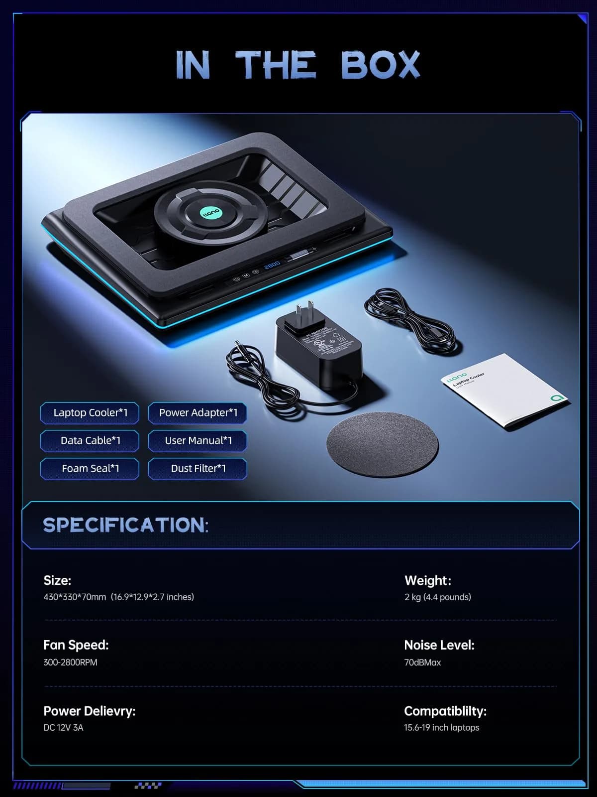 llano V12 Gaming Laptop Cooling Pad with RGB 15.6-19 inch | 5.5-inch Turbofan, 3-Port USB Hub, Dust Filter - view 8