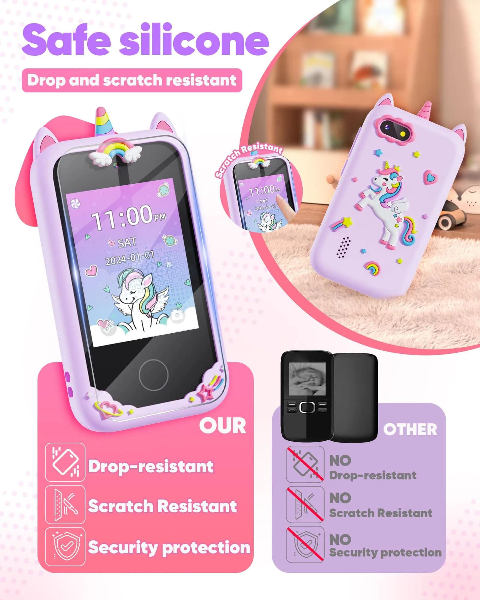 Fiechcco Kids Smart Phone Toy Purple 7.11 cm (2.8 Inches) | Educational Toddler Phone with Dual Camera & Games - view 6