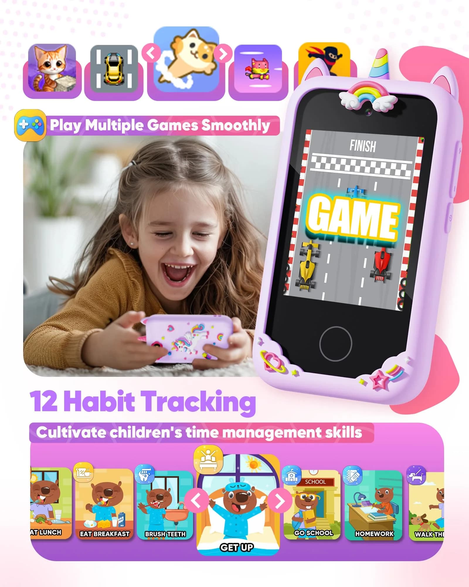 Fiechcco Kids Smart Phone Toy Purple 7.11 cm (2.8 Inches) | Educational Toddler Phone with Dual Camera & Games - view 4