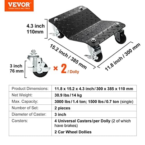 VEVOR Wheel Dolly 3000 lbs Heavy-Duty Car Moving Dolly Set of 2 | Versatile & Safe for Heavy Vehicles thumbnail 8