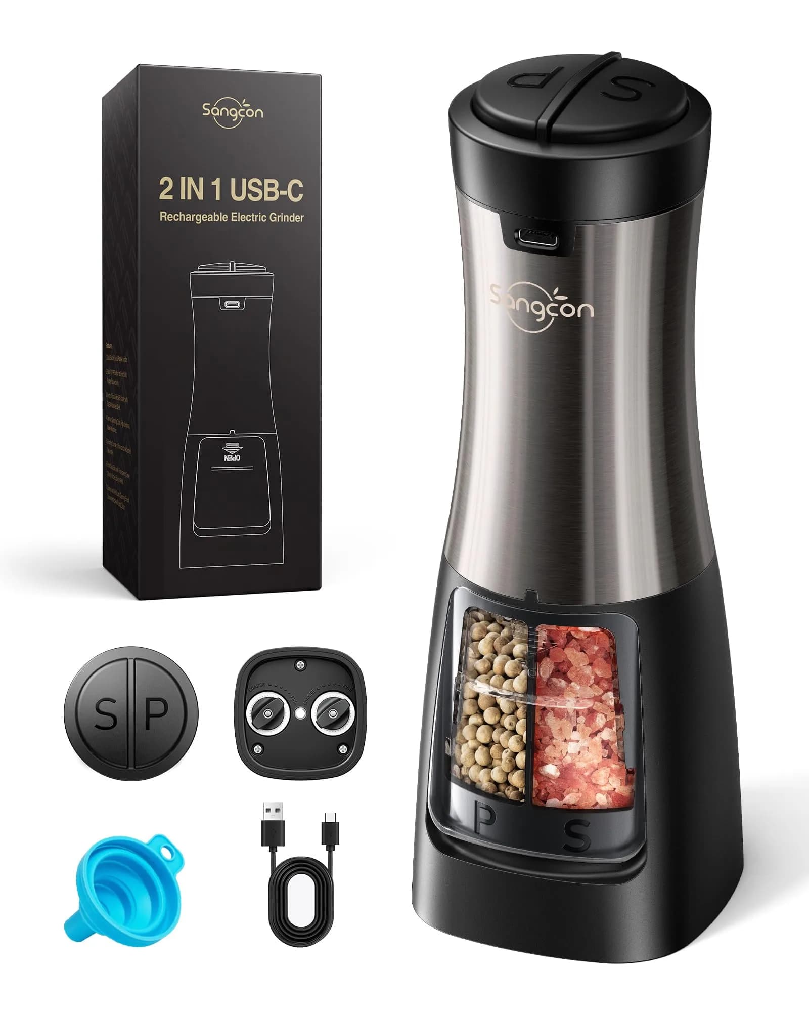 Sangcon 2-in-1 Rechargeable Electric Salt and Pepper Grinder Set | USB-C, Ceramic Grinders, Gunmetal Classic — Gunmetal Classic