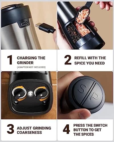 Sangcon 2-in-1 Rechargeable Electric Salt and Pepper Grinder Set | USB-C, Ceramic Grinders, Gunmetal Classic thumbnail 8