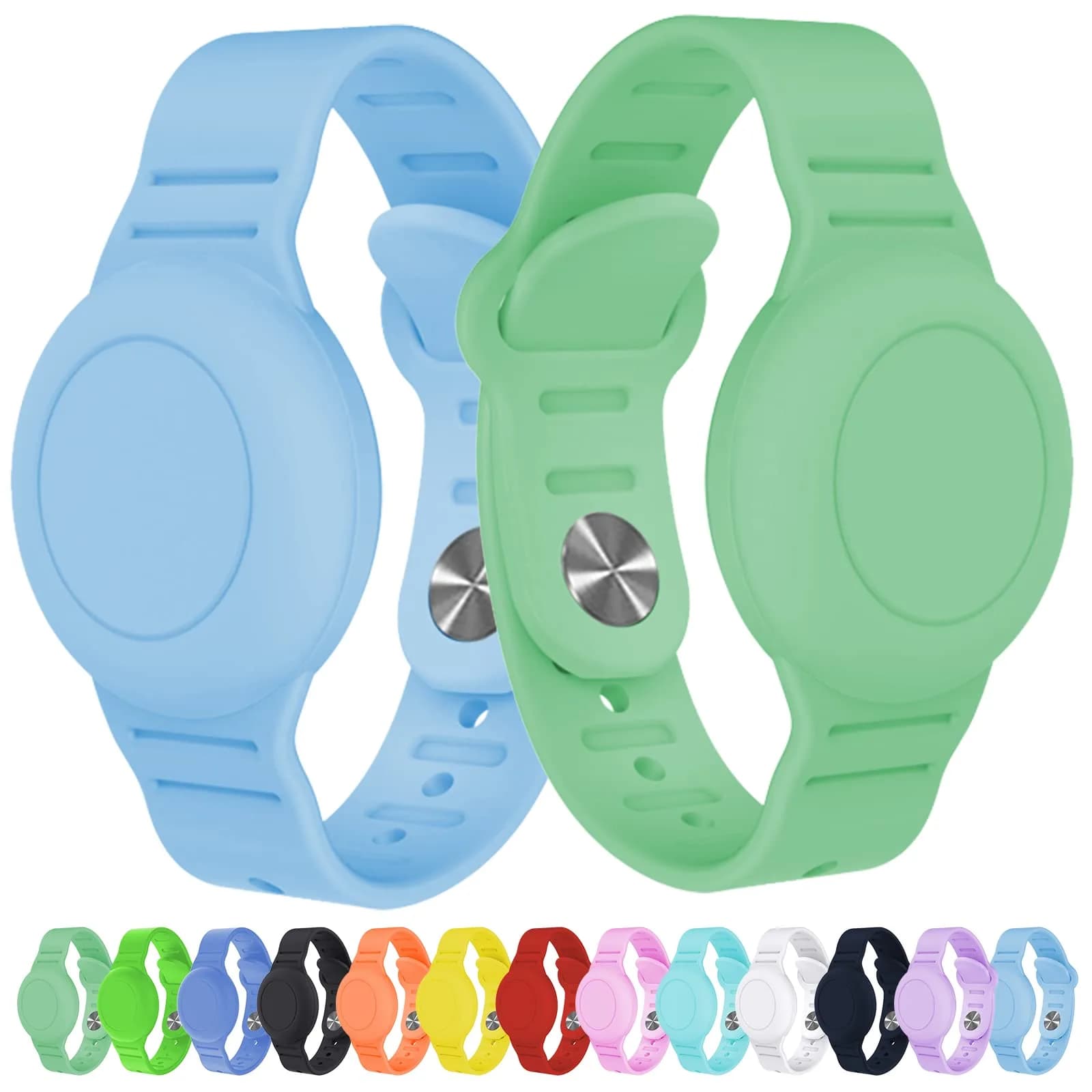 KAHADI Kids Waterproof AirTag Bracelet 2 Pack - Denim Blue & Matcha Green - main product image