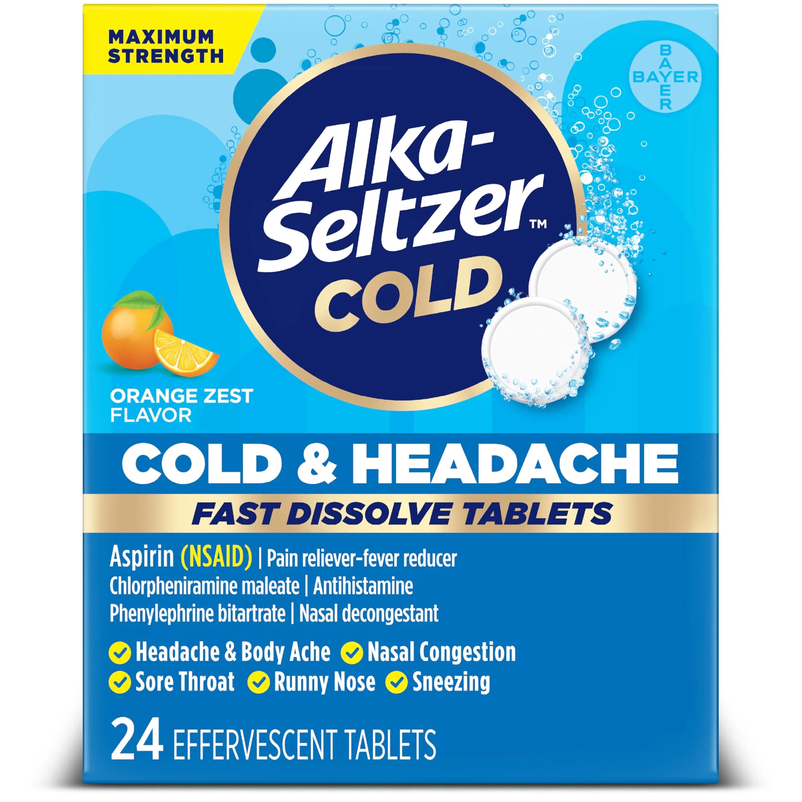 ALKA-SELTZER PLUS Severe Cold PowerFast Fizz Orange Zest 24ct | Fast Relief Tablets for Cold & Headache - main product image