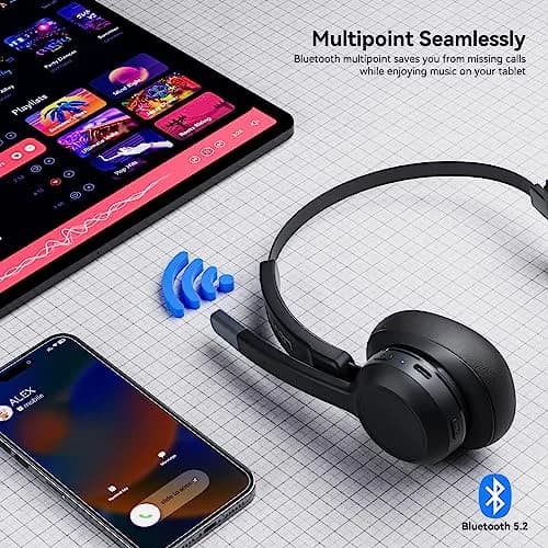 LEVN Trucker Bluetooth Headset with Noise Cancelling Microphone & Mute Button, V5.2 Multipoint, 15m (49ft) Range | Work from Home, Cell Phone, Computer, Zoom, Teams, Truck Driver thumbnail 4