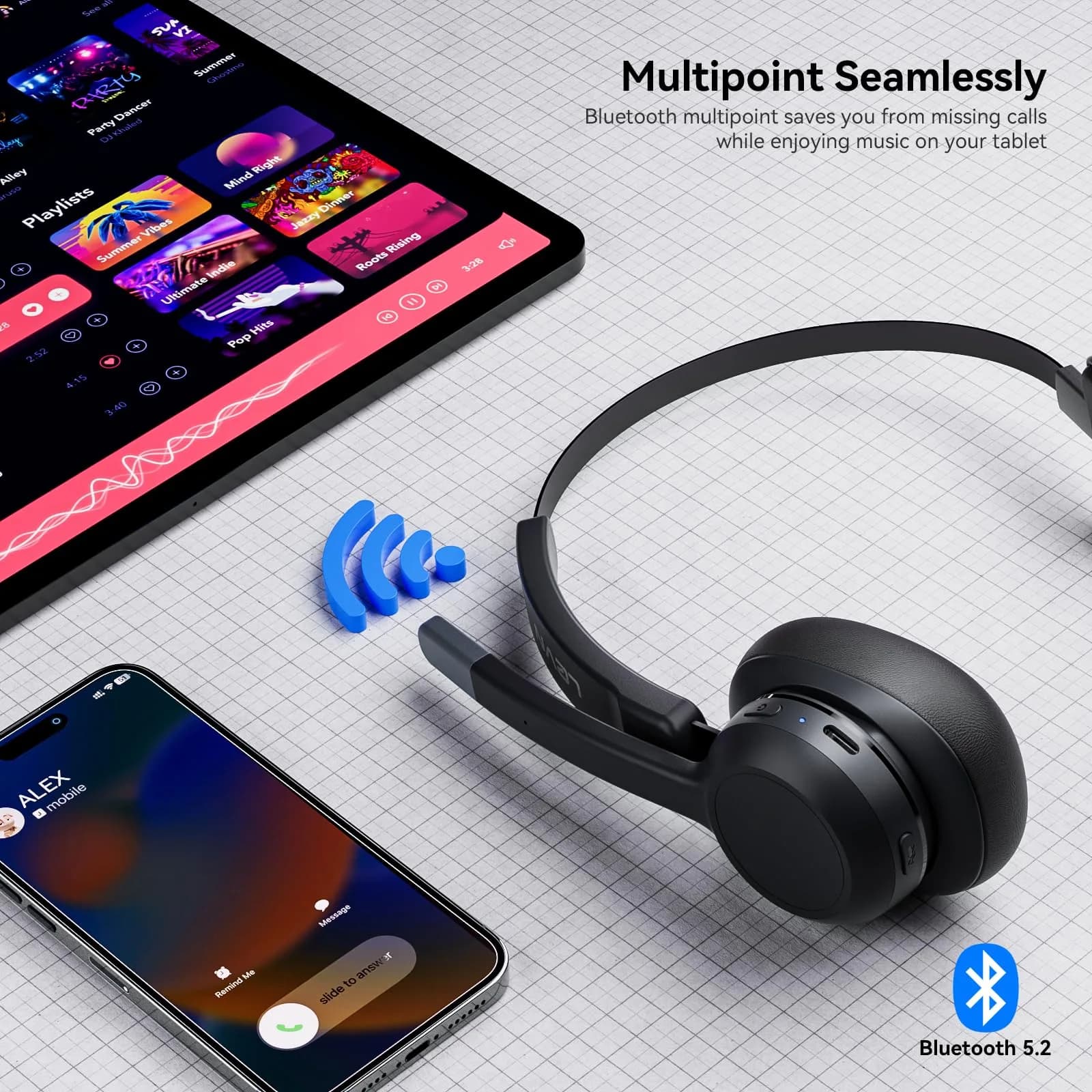 LEVN Trucker Bluetooth Headset with Noise Cancelling Microphone & Mute Button, V5.2 Multipoint, 15m (49ft) Range | Work from Home, Cell Phone, Computer, Zoom, Teams, Truck Driver - view 4