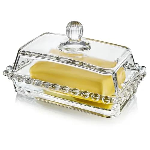 QFkris 6.5'' Clear Glass Butter Dish with Handled Lid | Microwave & Dishwasher Safe thumbnail 1