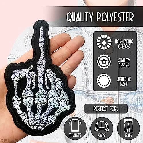 Reluen Skeleton Middle Finger Iron On Patch 12.7cm x 5cm (5" x 2") | Gothic Halloween Costume Embellishment thumbnail 3