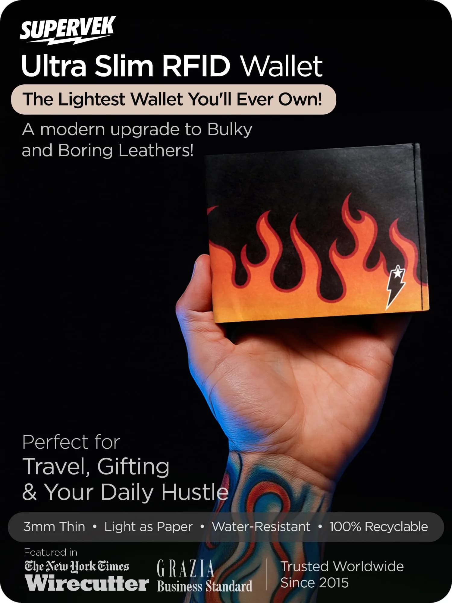 SUPERVEK Lit Flames Fire Stitched Paper Wallet - Vegan, Mighty Thin, Slim Wallet for Men, RFID Blocking, 6 Card Slots - view 3