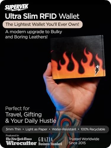 SUPERVEK Lit Flames Fire Stitched Paper Wallet - Vegan, Mighty Thin, Slim Wallet for Men, RFID Blocking, 6 Card Slots thumbnail 3