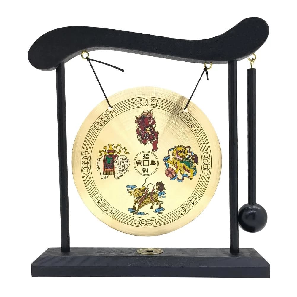 Hooshing Brass Gong Desktop Zen Art with Four Divine Beasts | 19cm (7.5in) Diameter — Four Divine Beasts