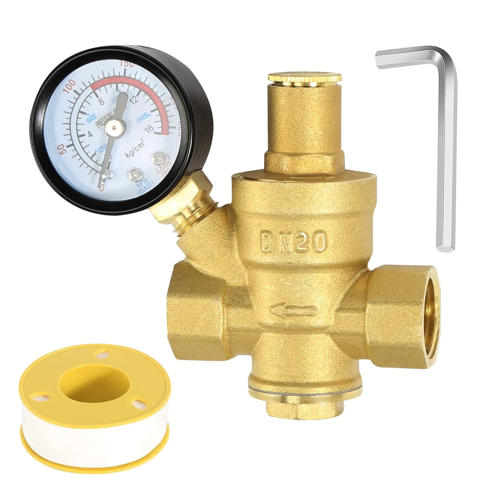 FASBET Brass Water Pressure Regulator 3/4 inch (DN20) with Gauge | Adjustable Piston Valve for Home & Industry