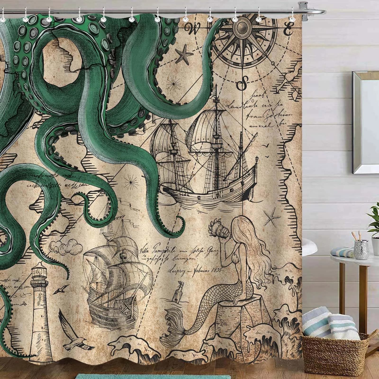 Fungarth Vintage Green Nautical Octopus Shower Curtain 72" x 72" | Waterproof Fabric with Metal Grommets