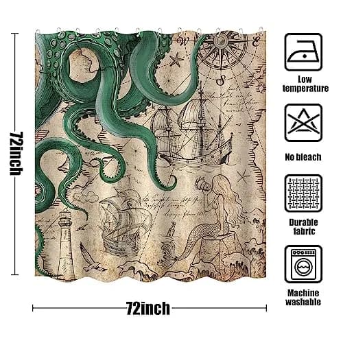 Fungarth Vintage Green Nautical Octopus Shower Curtain 72" x 72" | Waterproof Fabric with Metal Grommets thumbnail 7