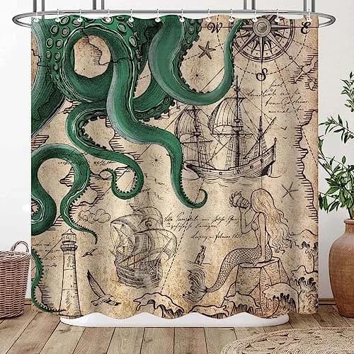 Fungarth Vintage Green Nautical Octopus Shower Curtain 72" x 72" | Waterproof Fabric with Metal Grommets thumbnail 3