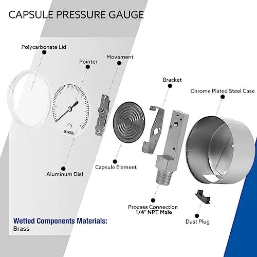 senctrl 0-30 inH2O Low Pressure Capsule Gauge, 2-1/2" Dial, 1/4" NPT Lower Mount, Zero Adjustment | Durable Chrome Steel thumbnail 3