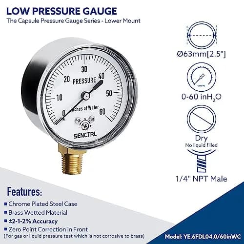 senctrl 0-60 Inches of Water Column Gauge, 1/4" NPT Lower Mount | Low Pressure Capsule Gauge with Chrome Steel Durability thumbnail 2