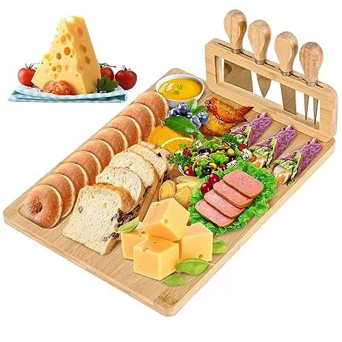 Lexda Bamboo Cheese Board and Knife Set | Large Charcuterie Platter with 4 Knives (13.8" x 11") thumbnail 1