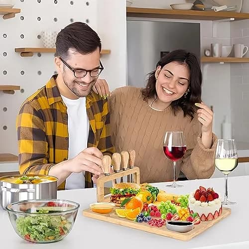 Lexda Bamboo Cheese Board and Knife Set | Large Charcuterie Platter with 4 Knives (13.8" x 11") thumbnail 5