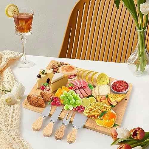 Lexda Bamboo Cheese Board and Knife Set | Large Charcuterie Platter with 4 Knives (13.8" x 11") thumbnail 7
