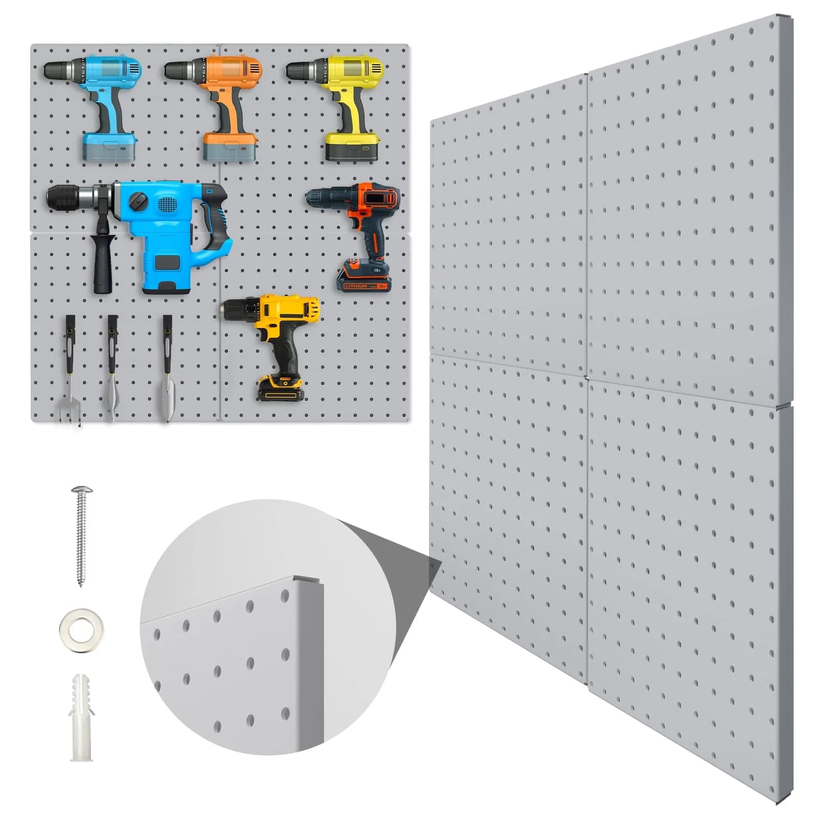 Hogurity Metal Pegboard Panels 25cm x 25cm (12"x12") | 4-Pack Heavy Duty Wall Organizer for Garage, Home, Office