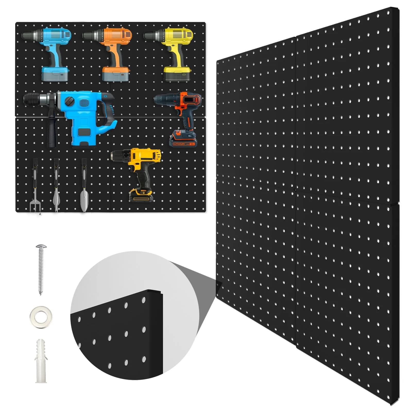 Hogurity Black Metal Pegboard Panels 12x12 Inch (30.5x30.5 cm) - 4 Pack | Heavy Duty Wall Organizer for Garage, Home, Office - main product image