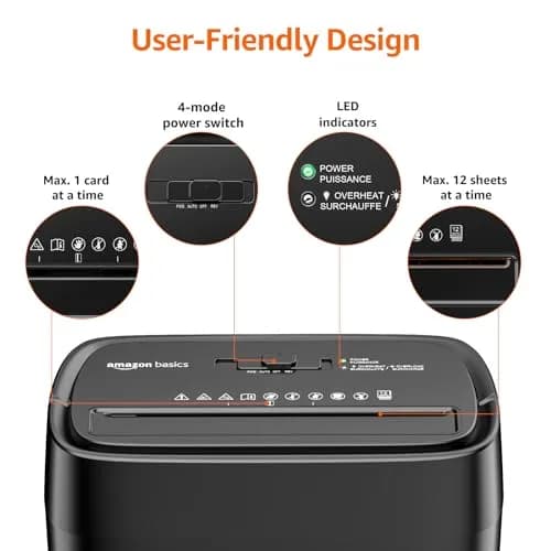 Amazon Basics 12-Sheet Cross-Cut Paper and Credit Card Shredder with Overheat Protection, Black | 5 x 30 mm Shred Size thumbnail 2