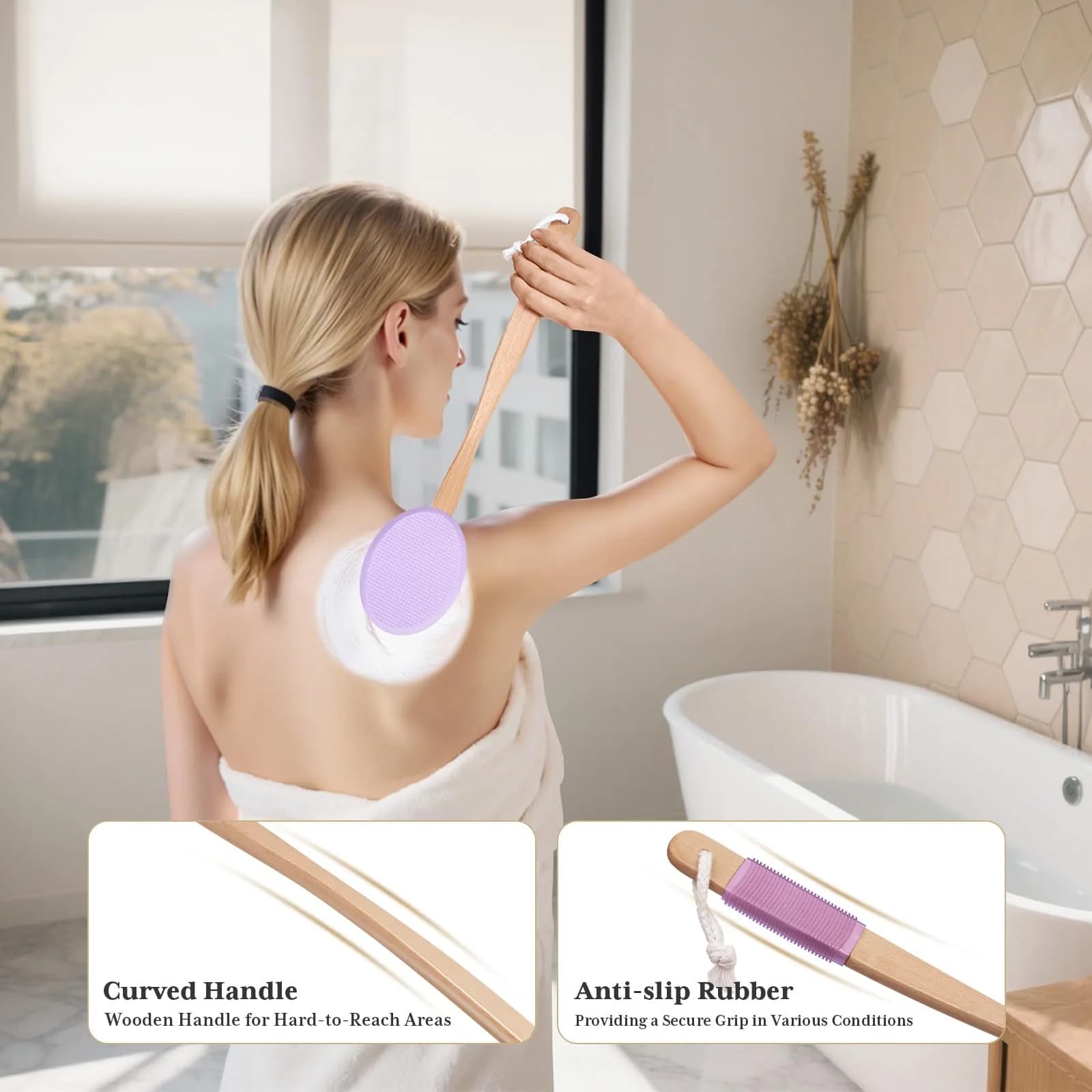 AmazerBath Lotion Applicator for Back, Feet, 4 Replaceable Pads with Long Handle, Purple | Applies Lotion Evenly - view 5