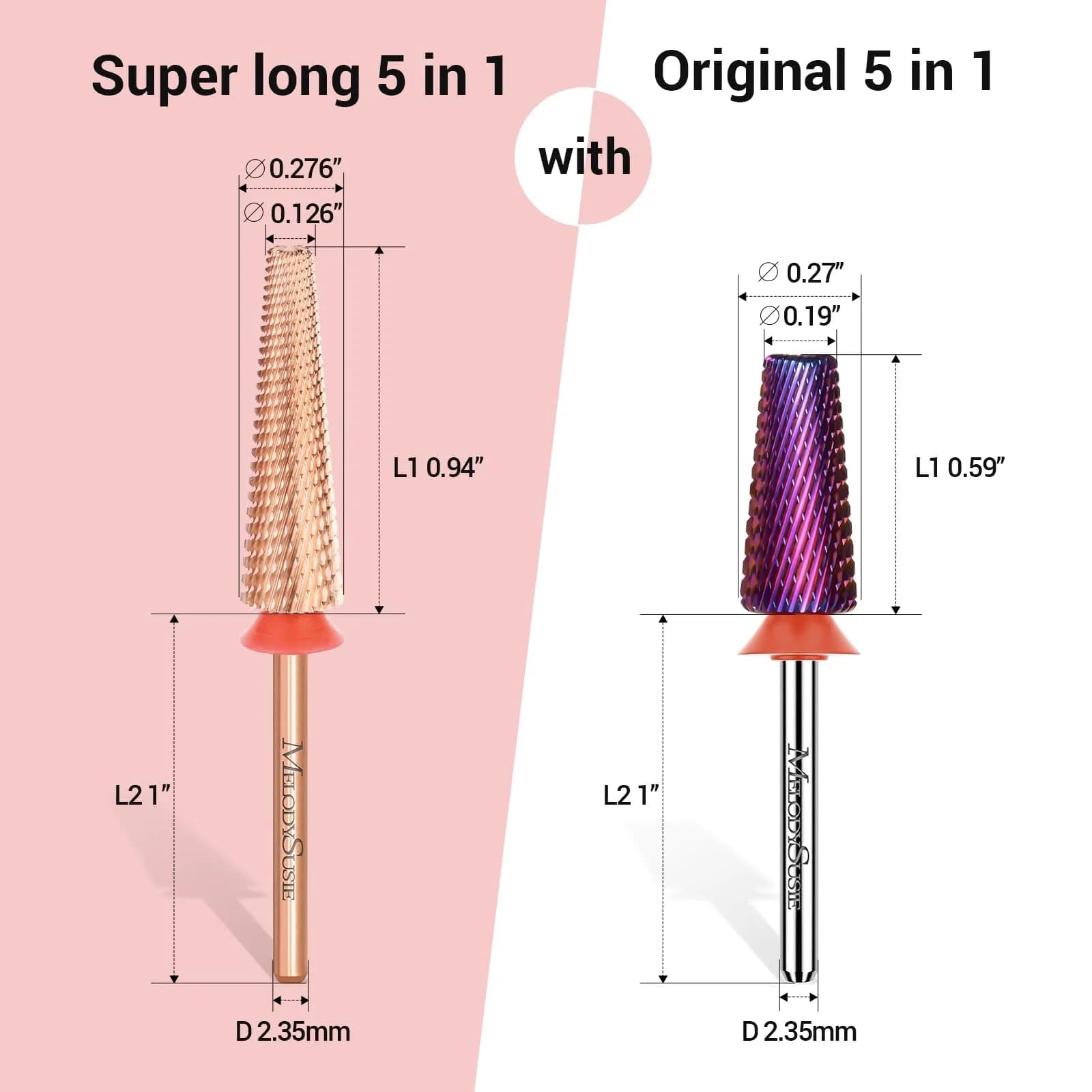 MelodySusie Super Long 5 in 1 Nail Drill Bits, Medium Grit, Rose Gold | Professional Carbide Tungsten for Manicure Pedicure - view 3