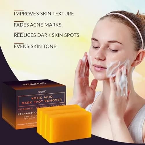 VALITIC Kojic Acid Dark Spot Corrector Soap Bars with Vitamin C, Retinol, Collagen, Turmeric - Original Japanese Complex - Hyaluronic Acid, Vitamin E, Shea Butter, Castile Olive Oil - 3 Pack With Bag | 300g (10.5 oz) | For Face & Body thumbnail 4