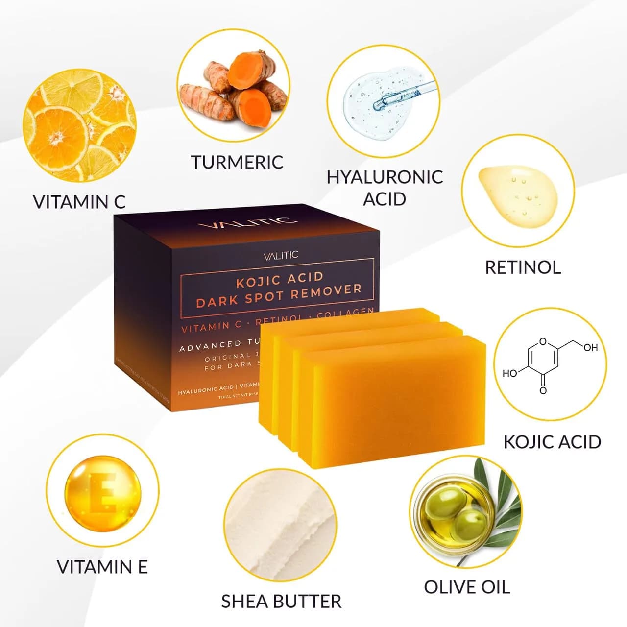 VALITIC Kojic Acid Dark Spot Corrector Soap Bars with Vitamin C, Retinol, Collagen, Turmeric - Original Japanese Complex - Hyaluronic Acid, Vitamin E, Shea Butter, Castile Olive Oil - 3 Pack With Bag | 300g (10.5 oz) | For Face & Body - view 5
