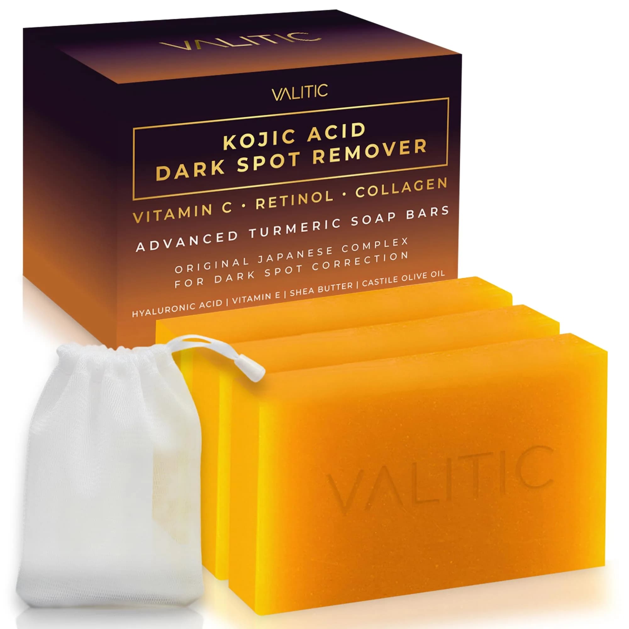 VALITIC Kojic Acid Dark Spot Corrector Soap Bars - 3 Pack + Bag for Even Tone - main product image