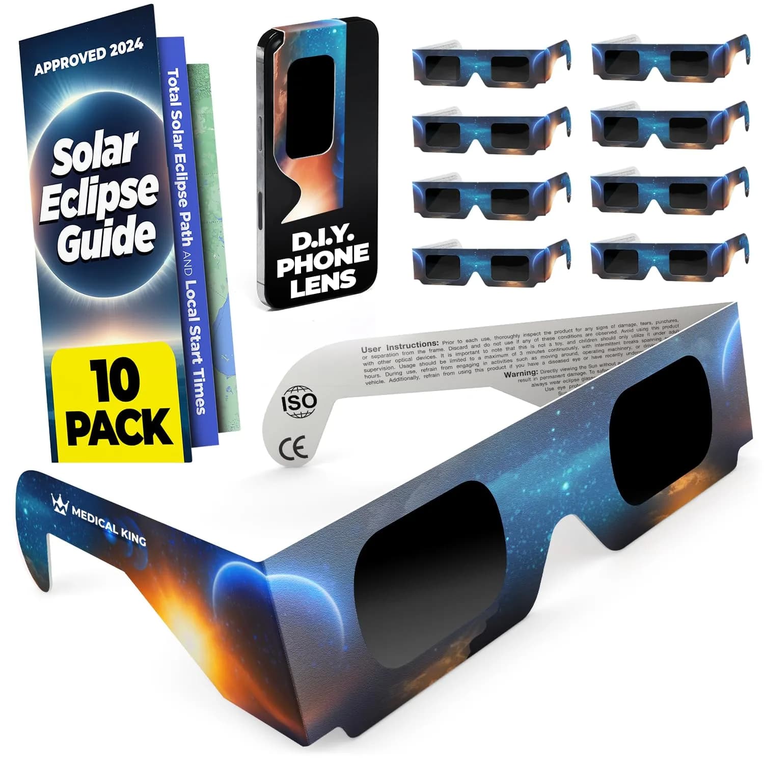 Medical king Solar Eclipse Glasses 10 Pack | ISO 12312-2 & CE Certified for Safe Solar Viewing - main product image