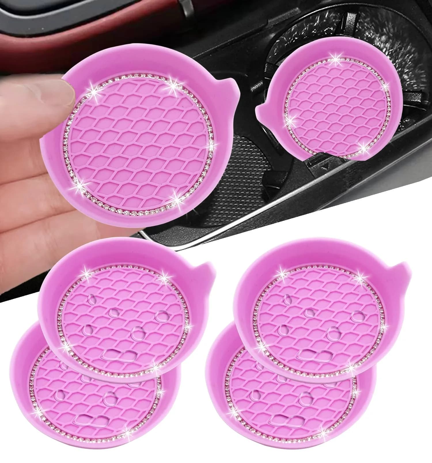 NBTEPEM Bling Car Cup Holder Coasters 4 pcs | Universal Silicone Crystal Rhinestone Automotive Interior Accessories for Women (Pink) - main product image