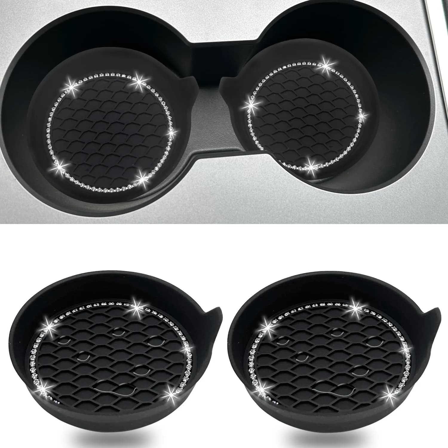 NBTEPEM Bling Car Cup Holder Coasters 2.75 inch (7cm) - Set of 2 Black | Sparkle & Protect Your Car Interior - main product image