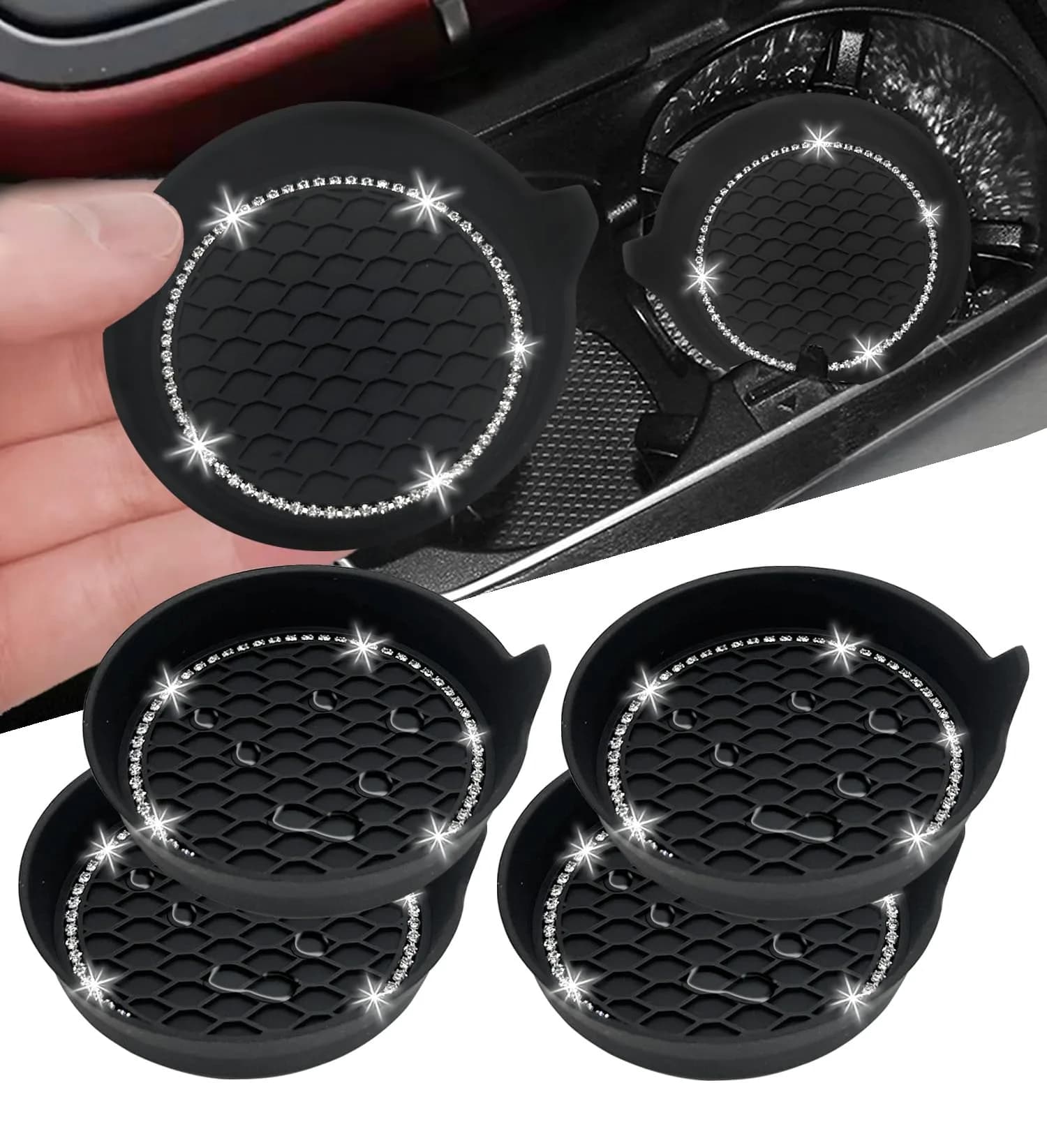 NBTEPEM Bling Car Cup Holder Coasters 7cm (2.75 inch) | 4-Piece Set for Universal Fit — New Black