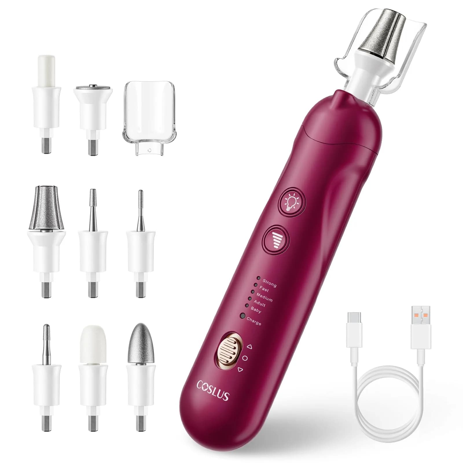 COSLUS C43 Professional Manicure Pedicure Kit with Upgrade Standard Grinder | 5 Speeds, 5000 RPM, Cordless — Red / Standard Grinder Set
